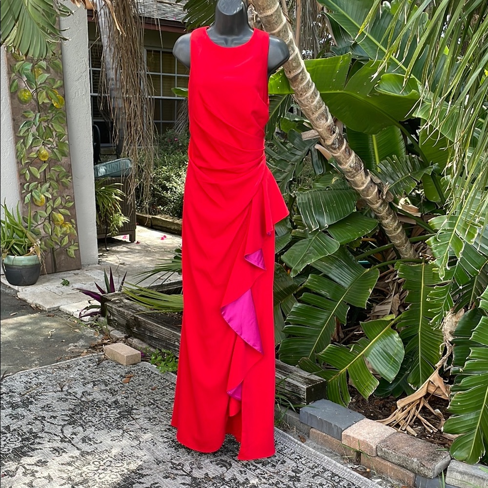 red column dress with asymmetric pink ruffle